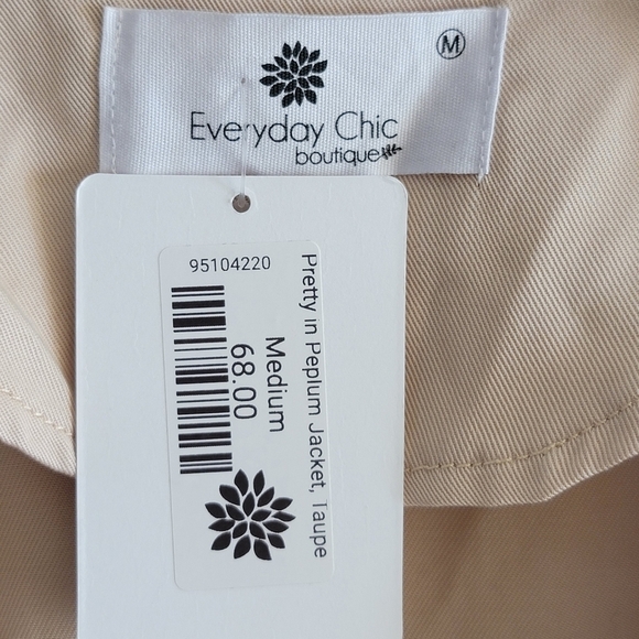 NWT Everyday Chic Boutique | Beige Peplum Open Front Jacket Size Medium - Picture 3 of 4